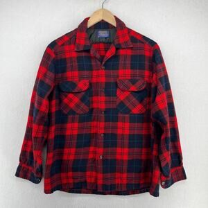 PENDLETON Shirt Mens L 70s Board Virgin Wool Plaid Flannel Loop Collar Red VTG